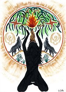 the silhouette of a person holding up a tree with three wolfs on it's back