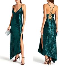 Details Style Yours With Drop Earrings And Towering Heels For An Evening Spent Celebrating Gown Tulle Sequins Side Split Fully Lined Asymmetric Hem Lace-Up Back Stretchy Fabric Mid-Weight Fabric Specialist Clean Brand New, With Tags. No Flaws. Open To Offers Green Evening Dress With Lace-up Back, Green Lace-up Back Evening Dress, Green Lace-up Back Dress For Evening, Party Dress With Lace-up Back And Maxi Length, Evening Dress With Lace-up Back For Party Season, Party V-neck Maxi Dress With Lace-up Back, Spaghetti Strap Dress, Side Split, Strap Dress