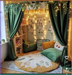 a bedroom with green curtains and lights on the ceiling