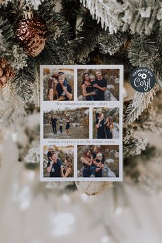 a christmas card with photos of two people hugging in front of snow covered pine trees