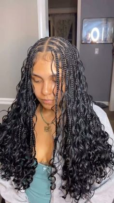 Knottles Goddess Braids, Medium Knowles Braids With Curls, Medium Boho Braids With Curls, Medium Boho Hairstyles, Small Mid Back Knotless Braids, Medium Knotless Box Braids Boho, Half Boho Braids Half Sew In, Boho Braids With Curls At The End, Medium/ Large Boho Knotless Braids