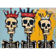 three skulls with crowns on their heads in front of a blue background and yellow wall