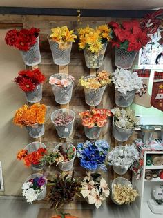 a bunch of flowers that are sitting in vases on the wall next to each other