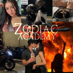 a collage of photos with the words zodiac academy and images of people in front of fire