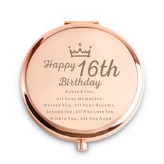 a pink compact mirror with the words happy 16th birthday on it