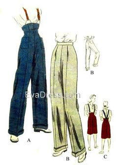 "Originally by Vogue (9016), (\"Easy to Make\") 'Slacks with built-up or regulation waist line and choice of long or below-knee length. Built-up version is dart-fitted at front and back with patch pockets at front. Slacks finished on belt at waist line have dart fullness released at front and patch pockets at back. Ribbon suspenders buttoned over elastic loops at front are optional. Turned back cuffs on long version. Blouse is not included.' This is a digitally-drafted 7-piece multi-size pattern Hippie Look, Look Retro, Blouse Diy, Fashion Design Sketches, 1940s Fashion, Mode Inspo, Moda Vintage, Look Vintage, Mode Vintage