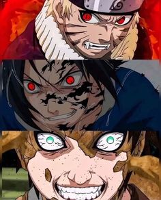 three different anime characters with red eyes and one has an evil look on his face