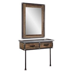 a wooden vanity with two drawers and a mirror on it's side, against a white background