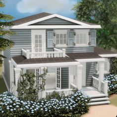 a 3d rendering of a house with blue flowers in the front yard and steps leading up to it