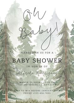 a baby shower is shown with pine trees