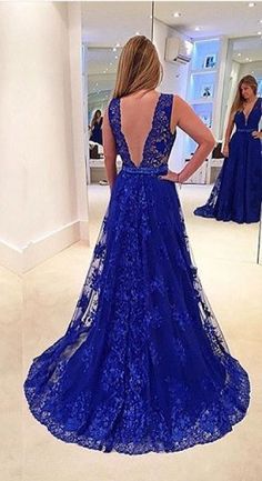 Blue Prom Dress With Lace Back, Blue Dresses With Lace Back For Prom, Blue Lace Back Dress For Prom Season, Blue Dress With Lace Back For Prom Season, Royal Blue V-neck Evening Dress For Wedding, Blue Homecoming Dress With Sweep Train, Blue V-neck Gown For Wedding, Formal Royal Blue Dress, Royal Blue Party Dress