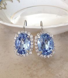 Large Light Sapphire Blue Halo Earrings Gold Oval Bridal | Etsy Blue Bling Wedding Jewelry, Blue Bling Jewelry For Wedding, Blue Halo Setting Earrings For Wedding, Blue Oval Party Jewelry, Blue Halo Earrings For Wedding, Blue Oval Earrings For Wedding, Bridal Party Blue, Wedding Something Blue, Sapphire Blue Earrings