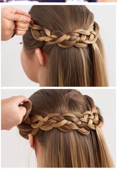 A tutorial-style image with a close-up of a woman’s hair being braided into a classic French braid. The image is split into 3 frames: the first shows the initial sectioning of the hair, the second shows the braiding process, and the third shows the finished braid with a neat, polished look." French Braid, Polished Look, Split, Braids