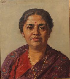 an oil painting of a woman in red and purple sari, looking at the camera