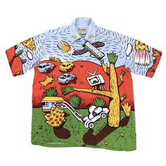 DESIGNER / BRAND: MAMBO ART / CATEGORY: SUMMER / RARITY / SHIRTS COLOR / PATTERN / PRINT: BABY BLUE / ORANGE / YELLOW / GREEN PRINT SIZE: S MEASUREMENTS: L= 77 CM / W= 61 CM FABRICS: - 100% RAYON WHAT ELSE: ICONIC MAMBO LOUD! SHIRT SUPER RARE ORIGINAL 1996 CLASSIC AUSSIE BACKYARDS PRINT REG MOMBASSA X MAMBO NOS 'LOST WEEKEND' CLASSIC AUSTRALIAN 'AUSSIE' BACKYARD DESIGN 1 ORIGINAL REPLACEMENT BUTTON INCLUDED! MADE IN INDONESIA #hahayoureugly #hahayoureuglyberlin #mambo #mamoxregmombassa #australi Casual Short Sleeve Tops With Unique Print, Summer Cotton Graffiti Print Top, Summer Cotton Top With Graffiti Print, Relaxed Fit Tops With Unique Print And Short Sleeves, Multicolor Cotton Camp Shirt For Streetwear, Spring Cartoon Print Relaxed Fit Shirt, Cotton Multicolor Cartoon Print Tops, Cotton Tops With Cartoon Print In Multicolor, Cotton Tops With Multicolor Cartoon Print