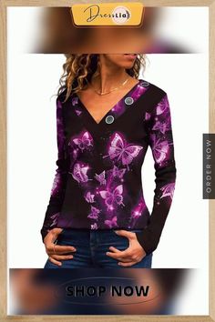 Slim V-necked Long Sleeve Printed Top Purple V-neck Top For Winter, Winter V-neck Blouse, Casual Purple V-neck Top, Casual Purple V-neck Blouse, Black V-neck Top For Fall, Black V-neck Top For Spring, Print Tops, V Neck, Long Sleeve