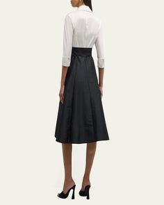 Rickie Freeman for Teri Jon twotone taffeta shirtdress. Spread collar; concealed button front. Threequarter sleeves; button cuffs. Bow accent at waist. Side slip pockets. Aline silhouette. Midi length hem. Polyester. Imported. Teri Jon, Shirtdress, Three Quarter Sleeves, Three Quarter, Midi Length, Two Tone, The Dress, Tops Designs, Luxury Fashion