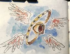 a drawing of an eye surrounded by angel wings and halos on a piece of paper