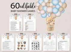 a baby shower game with blue and white balloons on it's back, next to an image of a teddy bear in a basket