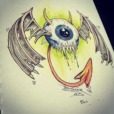 a drawing of an evil eye with long horns