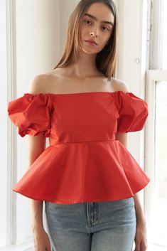 A solid woven top featuring off shoulder neckline, short balloon sleeve, peplum and back zipper closure Details: Self : 100% Cotton Size & Fit - Model is 5`9" And Wearing Size Small- Measurements Taken From Size Small- Approx. Length: 19" Casual Puff Sleeve Top For Party, Solid Color Summer Puff Sleeve Top, Summer Voluminous Balloon Sleeve Puff Top, Chic Puff Sleeve Off-shoulder Top For Brunch, Chic Off-shoulder Puff Sleeve Top For Brunch, Red Off-shoulder Top For Spring, Casual Puff Sleeve Off-shoulder Top For Day Out, Trendy Fitted Off-shoulder Top With Puff Sleeves, Casual Off-shoulder Puff Sleeve Top For Day Out