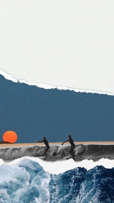 two surfers are riding the waves in front of an orange ball on their surfboard