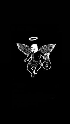 an angel holding a bag with money in it's hands on a black background