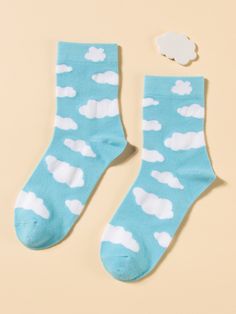 Blue and White  Collar  Polyester Graphic Crew Socks Embellished   Women Socks & Hosiery Blue Academia, Tulle Gloves, Silly Clothes, Rainbow Socks, Blue And White Fabric, Cloud Print, Print Socks, Women Crew Socks, Blue Socks