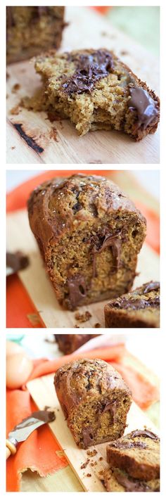 two pictures of chocolate chip muffins on a cutting board with one cut in half