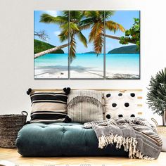 three panels of palm trees on the beach