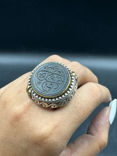 Amazing antique natural jade and silver gold Gilted with Islamic god name :ALLAH carved in it from Afghanistan Antique Engraved Jade Jewelry, Tibetan Necklace, Silver Coin Ring, Traditional Carved Jade Jewelry, Coin Ring, Natural Jade, Coral Turquoise, Silver Coins, Rings Statement