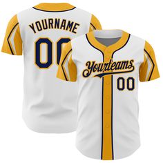 Custom White Navy-Gold 3 Colors Arm Shapes Authentic Baseball Jersey White Sublimation Fan Apparel For Sports Events, Team-colored Baseball Jersey With Team Logo For Events, Team Spirit Jersey With Baseball Collar And Sublimation Print, Jersey With Sublimation Print, Baseball Collar, Team Spirit Style, Collegiate Baseball Jersey With Sublimation Print For Fans, Varsity Baseball Jersey With Sublimation Print For Fans, Baseball Jersey With Team Name For Team Events, Custom Team-colored Jersey With Team Logo, Collegiate Customizable Baseball Jersey For Game Day