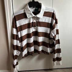 - Breaks New With Tags, Never Worn - Brown And White Stripes - Women’s Size M, Cropped Fit - Smoke Free Household Casual Brown Tops With Striped Collar, White Tops With Striped Collar For Fall, Hollister Tops, Rugby, Hollister, White Stripe, Long Sleeve Tees, Stripes, Womens Tops