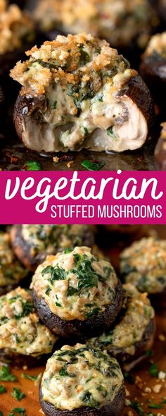 vegetarian stuffed mushrooms with spinach and cheese Vegetarian Stuffed Mushrooms, Stuffed Mushroom Recipe, Stuffed Mushrooms Vegetarian, Mushroom Recipe, Scooby Snacks, Stuffed Mushroom, Vegetarian Appetizers, Tasty Vegetarian Recipes