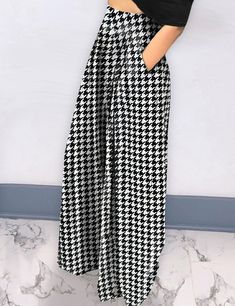 Black Plaid Print Wide Leg Pants with Pockets Chic Wide Leg Bottoms With Houndstooth Pattern, Black Wide Leg Bottoms With Houndstooth Pattern, Black Houndstooth Trousers, Casual Houndstooth Ankle-length Pants, Casual High-waisted Houndstooth Pants, Casual Houndstooth Pants For Summer, Casual Houndstooth Pattern Pants For Summer, Casual Houndstooth Pattern Summer Pants, Casual Black Houndstooth Pants