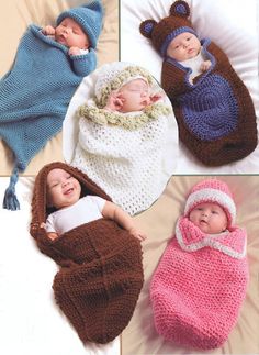 four knitted baby sleeping bags with babies in them