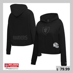 Elevate your Las Vegas Raiders game-day style with this Pro Standard Jeweled Cropped Pullover Hoodie. The fleece lining provides added warmth and a soft feel, making it perfect for those cooler game days. Featuring a heat-sealed fabric applique with rhinestone accents on the front and screen print graphics on the back, this hoodie radiates Raiders pride. Black Fleece Hoodie For Game Day, Black Hoodie With Drawstring Hood For Game Day, Black Collegiate Hoodie For Game Day, Black Hoodie For Game Day In Winter, Black Sporty Hoodie For Game Day, Team Logo Hoodie For Game Day In Fall, Game Day Sportswear Hoodie, Sporty Hoodie For Game Day, Winter Sportswear Hoodie For Game Day