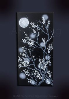 a black and white painting with flowers in front of a full moon on a dark background