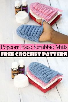 two photos with the text popcorn face scrubbie mitts free crochet pattern