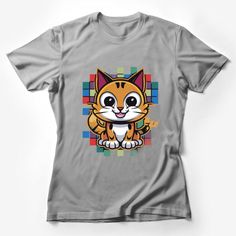 Cute Cartoon Cat T-Shirt, Colorful Pixel Art Kitten Tee, Unisex Graphic Tee for Cat Lovers, Casual Wear Female T-Shirt Custom graphic T-Shirt.Customize your color Colorful Pixel Art, Trendy White T-shirt With Cat Print, Cute Cartoon Cat, Spring White T-shirt With Cat Design, Fitted Cat Print Graphic Tee T-shirt, Playful Crew Neck T-shirt With Cat Design, Playful Cat Design Crew Neck T-shirt, Fun Short Sleeve T-shirt With Cat Print, Playful Short Sleeve T-shirt With Cat Design