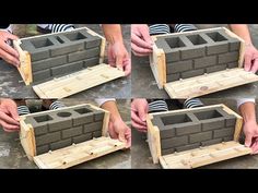 four pictures showing how to build a cinder block