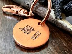 a close up of a key chain on a wooden table with a tree branch in the background