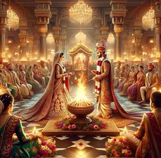 a man and woman are standing in front of an altar with candles on the floor