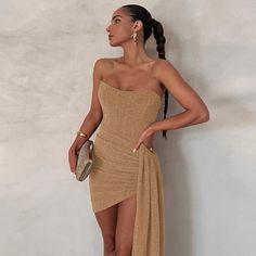 Style: SexyFit: SlimFabric: PolyesterPattern: NonElement: Ruched,Boning,AsymmetricNeckline: StraplessSleeve Type: OthersSleeve Length: SleevelessProduct Type: Bodycon Dress,Asymmetrical DressOccasion: Party & ClubDress/Skirt Length: ShortMain Composition: PolyesterSeason: Summer Short Sheath Dress, Corset Mini Dress, Women's Robe, Mini Robes, Glitter Dress, Party Dress Short, Mini Dresses For Women, Spring Women, Elegant Outfit