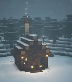 a house made out of logs in the middle of a snow covered field with lights on it