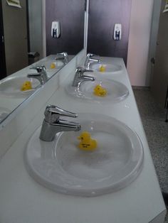 two sinks with yellow rubber ducks on them