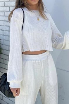 Color: WHITE, Size: S Round Neck Top, Top And Pants Set, Waffle Knit Top, Pantalon Large, Round Neck Tops, Tiffany Blue, Basic Style, Two Piece Outfit, Waffle Knit