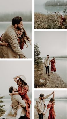 a man and woman holding each other by the water