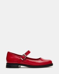 DELANCY Red Leather Mary Jane | Women's Flats Classic Square Toe Flats For Everyday, Casual Square Toe Flats For Fall, Trendy Leather Flats With Square Toe, Classic Faux Leather Flats, Classic Calf Leather Flats For Spring, Classic Patent Leather Flats For Spring, Sleek Calf Leather Flats With Round Toe, Classic Square Toe Flats For Fall, Leather Square Toe Flats Medium Width