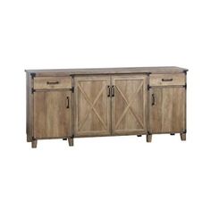 the sideboard is made from wood and has two doors on one side, and three drawers on the other